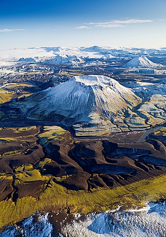 Aerial of Mountains, Emstrur Area  Iceland Region near Katla, a subglacial volcano under Myrdalsjokull Ice Cap  Icelandic volcanologists are expecting an eruption and continue to monitor the area
