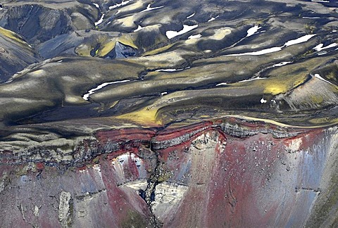 Aerial view, caldera of Ljotipollur or Ljotpollur volcano, red slag and moss, crater rim, Landmannalaugar, Iceland, Europe