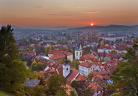 Sunset over the city of Ljubljana, Slovenia, Europe