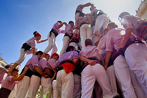 Minyons de Terrassa 'Castellers' building human tower, a Catalan tradition Vilafranca del Penedes Barcelona province, Spain