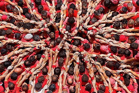 Colla Joves Xiquets de Valls 'Castellers' building human tower, a Catalan tradition Valls Tarragona province, Spain