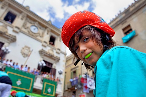 `Enxaneta¬¥girl who rises to the top of the human tower Castellers de Vilafranca ¬¥Castellers¬¥ is a Catalan tradition  Vilafranca del Penedes  Barcelona province, Spain