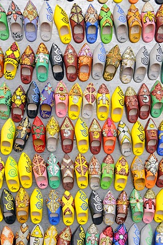 Typical Moroccan slippers as fridge magnets in a souvenir shop at Place Djemma el-Fna, Square of the Hanged, Square of the Jesters, Marrakesh, Morocco, Africa