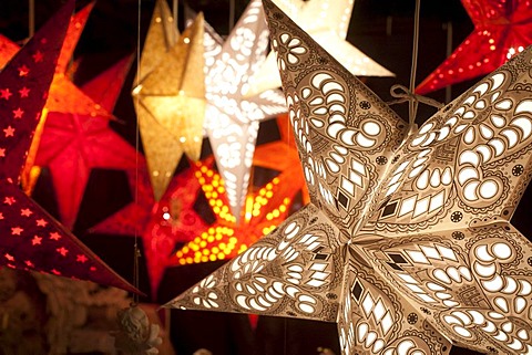 Illuminated stars at Christmas Market, Hamburg, Germany