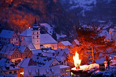 Pottenstein, Franconia, Bavaria, Germany, annual Ewige Anbetung fire festival on the evening of January 6th, 2009