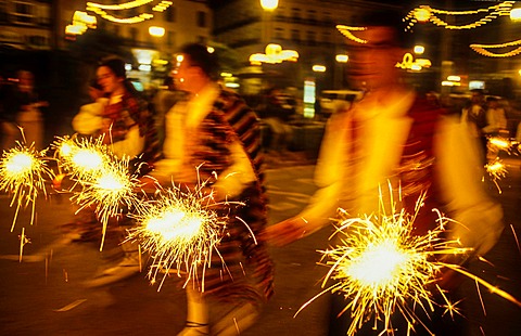 Flower offering,Fire works tribute to `Virgen de los desamparados', Fallas festival,San Vicente Martir street,Valencia,Spain