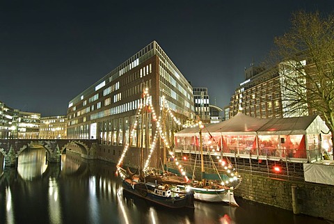 Christmas market on town canal island in Hamburg, Germany, Europe