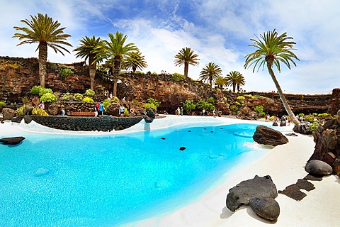 Lanzerote, Jameos del Aqua, volcanic cave founded by Canarian artist Cesar Manrique, blue pool, Canary Islands, Spain