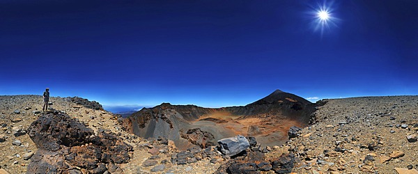 360 ¬∞ panorama of the Pico Viejo volcano and Pico del Teide mountain with a woman standing at the edge of a crater, Teide National Park, Tenerife, Canary Islands, Spain, Europe