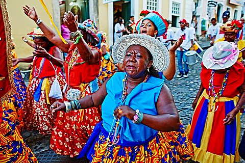 Street carnival, dance group, Pelourinho, Salvador , Bahia, Brazil