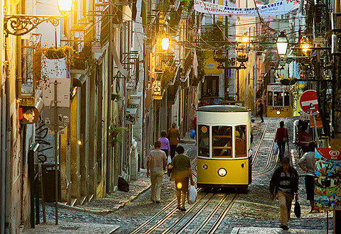Bica cable car in Bairro Alto in the evening, Lisbon, Portugal
