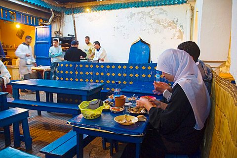 Restaurant at fish souq market in Mellah the old Jewish quarter of Essaouira central Morocco northern Africa