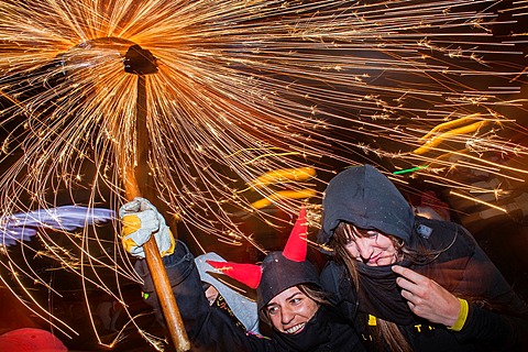 `Correfoc', typical catalan celebration in which dragons and devils armed with fireworks dance through the streets In Via Laietana during La Merce Festival Barcelona Catalonia Spain