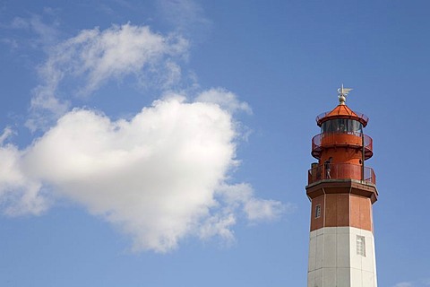 Heart-shaped cloud beside lighthouse, Fluegge, Fehmarn Island, Baltic Sea, Schleswig Holstein, Northern Germany