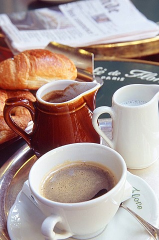 Coffee, milk and croissants at the Cafe de Flore in the Latin quarter, Paris, France