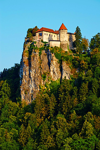 Slovenia, Bled, Lake Bled and Julian Alps, the Bled Castle.