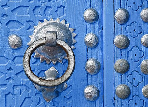 Detail of blue painted wooden door, Chefchaouen, Morocco, North Africa, Africa