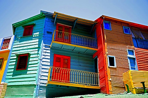 Colurful houses, corrogated iron facades, La Boca district, El Caminito, Buenos Aires, Argentina