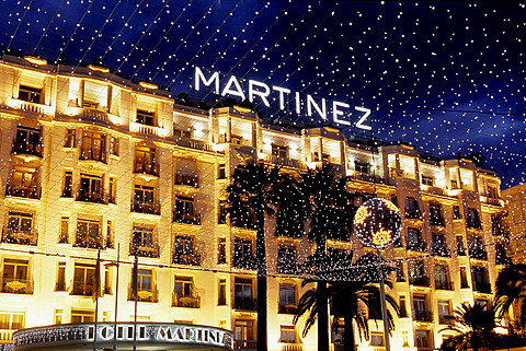 The Martinez palace at night during Christmas time on the Croisette Alpes-MAritimes 06 France Europe