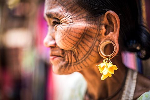 Tattooed woman of a Chin Tribe Village, Chin State, Myanmar (Burma)