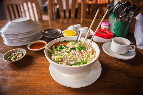 Traditional Burmese noodle soup, Mawlamyine, Mon State, Myanmar (Burma)