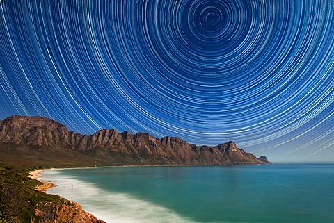Star trails over Kogel Bay near Cape Town, South Africa.
