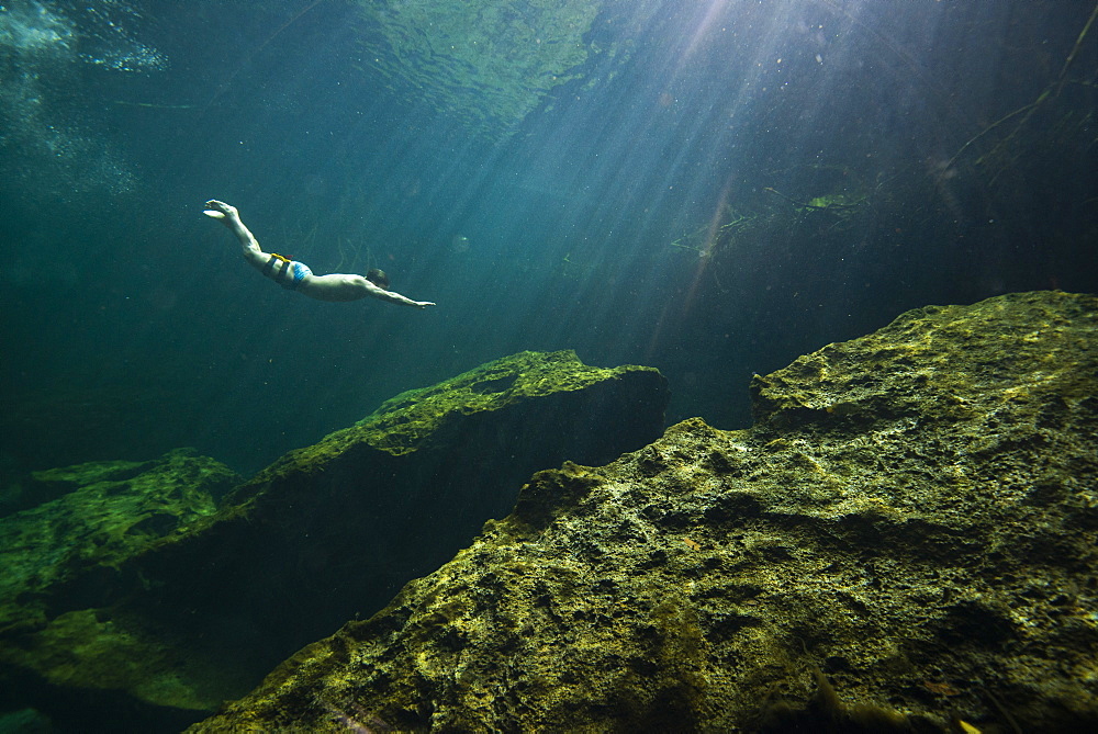 Distant view of single man freediving in cenote in Riviera Maya, Quintana Roo, Mexico
